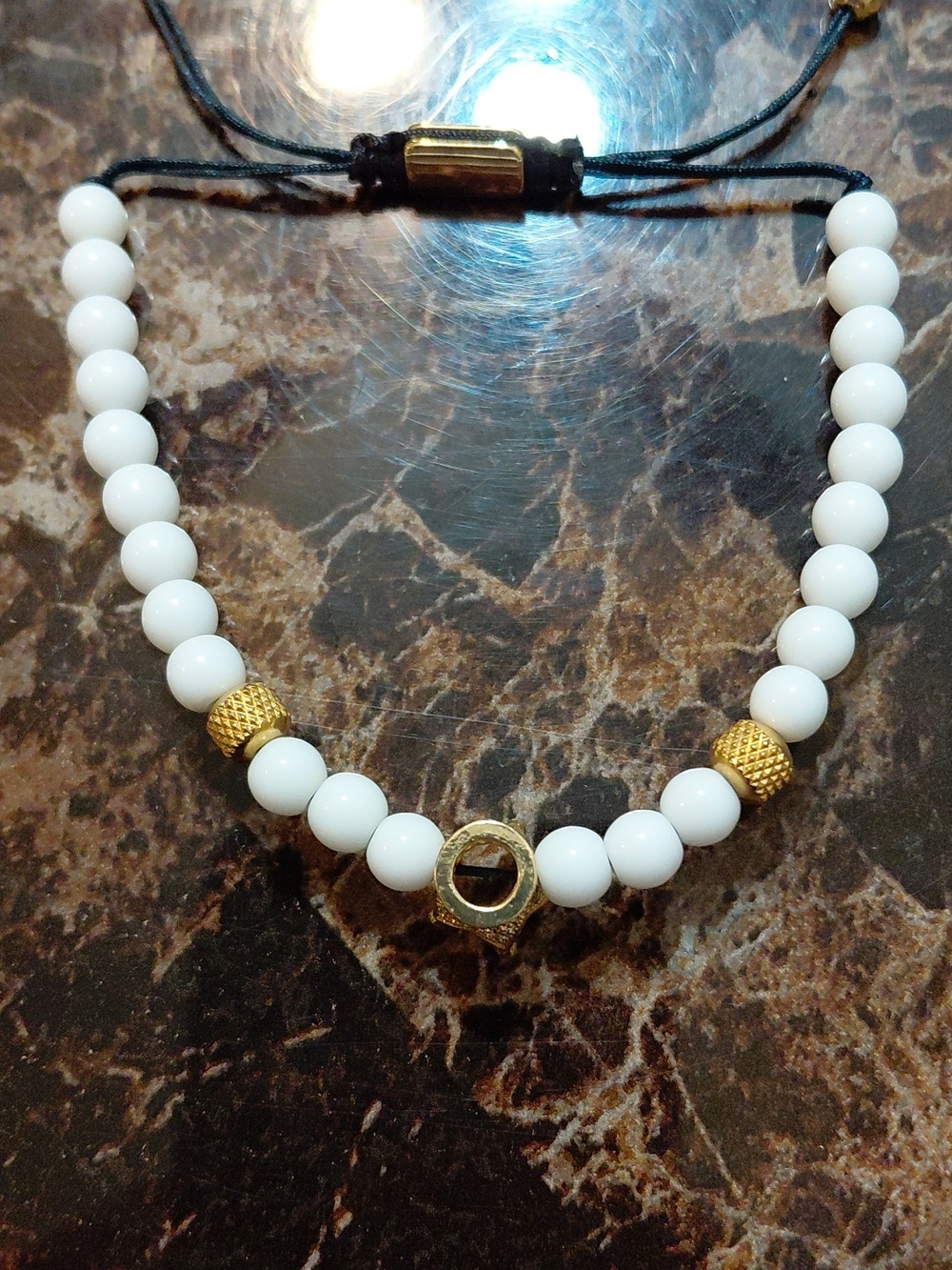 Adjustable Gold Rhinestone Crown & White Beaded Charm Bracelet - Picture 4 of 5
